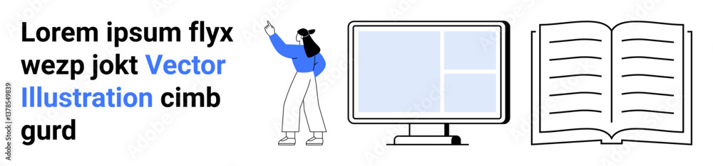 Poster person pointing at text alongside a computer monitor and open book, symbolizing education, e-learnin