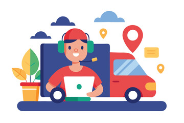 Fototapeta premium Flat Design Boy with Headset Using Laptop near a Red Van and Potted Plant