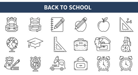 Back to school:  Line art icons of school supplies and equipment.