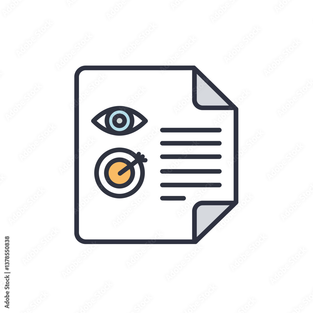 Poster vision and strategy: a visual representation of strategy, showing a document with eye and target sym