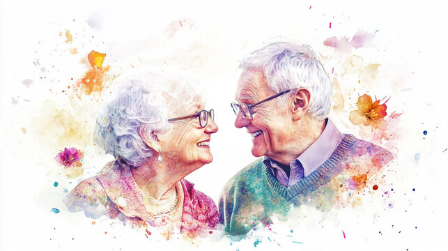 Romantic Senior Couple Watercolor Portrait, Elderly Love, Anniversary Art