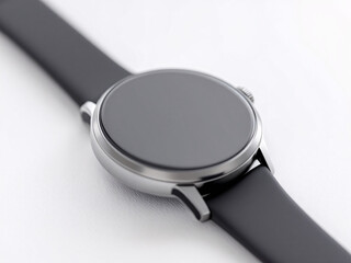 A sleek wristwatch with a black leather strap on a white surface.