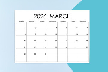 March calendar card for 2026 year on blue background.