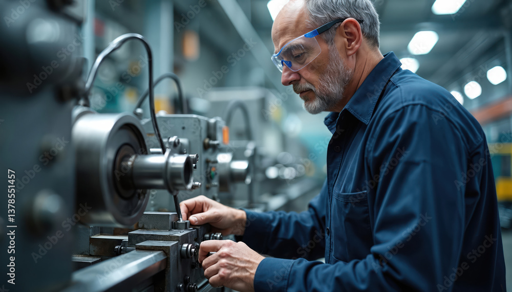 Poster experienced engineer in safety goggles controls lathe machine. precision metalworking in factory. ma