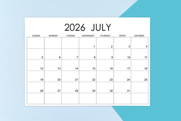 July calendar card for 2026 year on blue background.