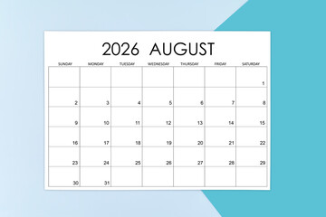 August calendar card for 2026 year on blue background.
