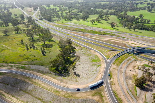 Aerial view of a large roundabout on a freeway