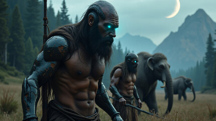 A rugged viking warrior with an axe in a fantasy landscape with mountains.