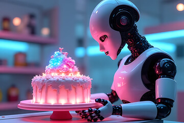 Futuristic Robot with Glowing Cake in Neon Lighting
