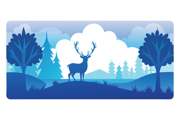 Majestic Deer Silhouette in Serene Blue Landscape with Trees and Cloudy Sky
