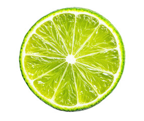 Close-up of vibrant lime slice on black background showing details of citrus fruit, cut out
