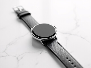 A sleek wristwatch with a black leather strap on a white surface.