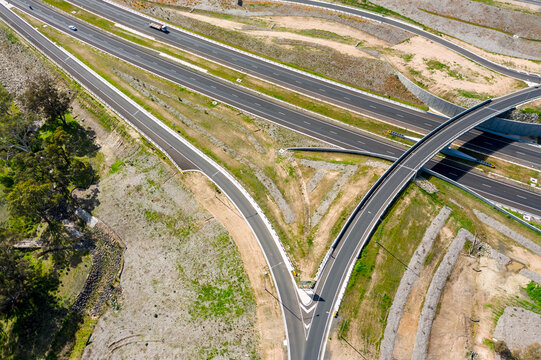 Aerial view of an overpass on a freeway