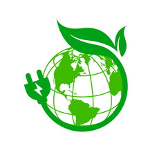 beautiful stylized lush round green energy earth planet logo with leaf and power plug icon vector isolated on transparent background