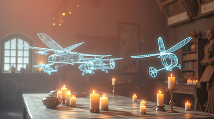 Holographic aircrafts in a mystical room lit by candles.