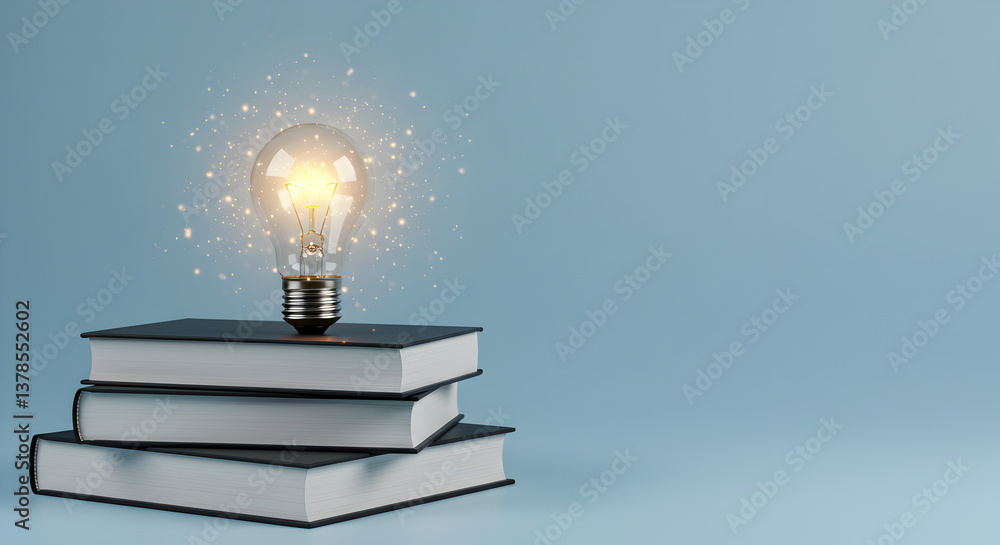 Aufkleber glowing lightbulb above stack of books on blue background representing idea and knowledge