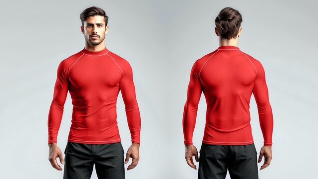Stylish red long sleeve rash guard mockup view