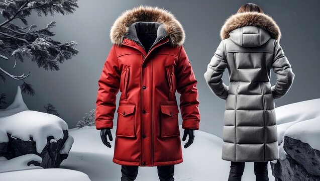 Stylish red parka jacket mockup front and back views