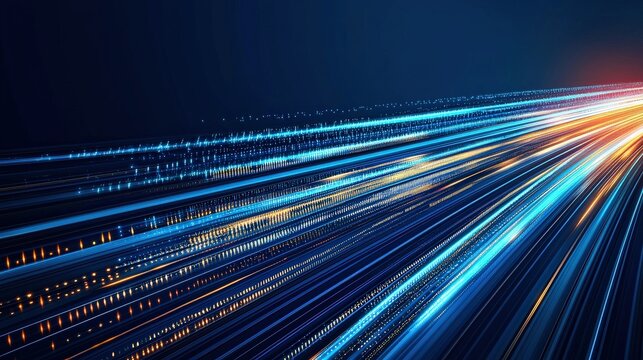 A dynamic abstract image featuring streaks of blue and orange light, conveying speed and motion against a dark background.