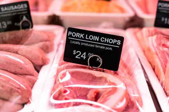 pork chop sign in butcher shop on fresh pork chop