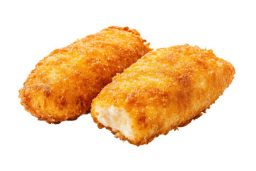 Golden breaded fish fillets on black background, cut out