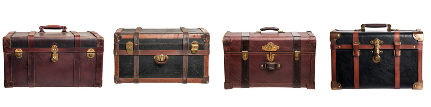 Collection of classic and antique style leather suitcases luggage trunks and travel cases in a range of vintage designs and colors