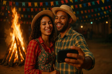 Casal Sorrindo em Festa Junina com Fogueira e Bandeirinhas