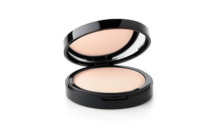 Compact powder case with mirror opened in elegant setting beauty product studio environment high-resolution view