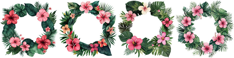 Obraz premium Tropical flower wreath with lush green leaves