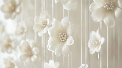 Elegant white floral arrangement with pearl accents for wedding decor or backdrop