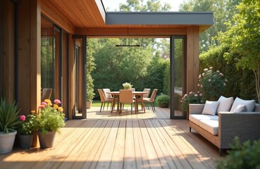 Open patio doors open onto rich garden dining area. Modern home architecture with wooden deck, furniture. Inviting outdoor space for relaxing, leisure, summer vacation. Stylish residential exterior
