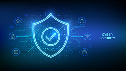Security shield. Cyber security. Protection shield with Check mark icon. Cyber data protection. Information privacy idea. Network safety. Circuit board pattern. PCB printed circuit texture. Vector.