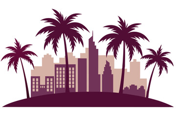 Palm Trees with City Skyline on Island, Transparent Background Design