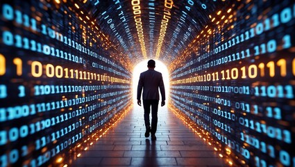 Walking through a tunnel of glowing data streams
