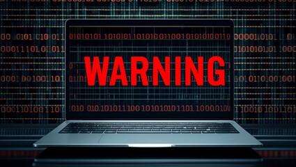 Warning message on laptop screen with binary code