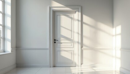 Fototapeta premium White door with classic design, handle, against white wall. Sunlight enters room from window, casting shadows. Interior design elegance, simplicity. Clean, modern style, creating bright atmosphere.