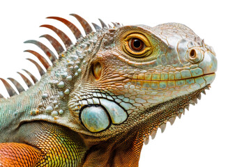 Fototapeta premium Detailed portrait of a colorful iguana with spiny crest and scales, cut out