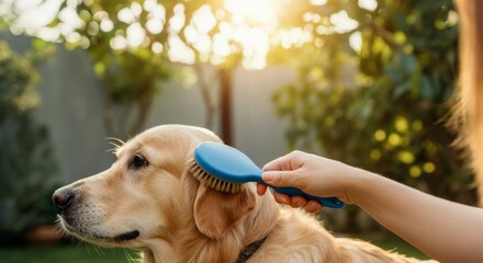 Woman brushing golden retriever dog fur in garden