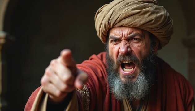 Elderly man in traditional ancient attire points aggressively. Intense expression, stern face. Character from biblical times, dramatic historical scene. Fury, anger, commanding presence. Portrait,