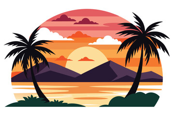 Retro Palm Tree Silhouette Seascape, Orange Sunset, Mountain, Island Art
