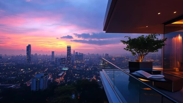 Panoramic city view from a luxury penthouse balcony at sunset