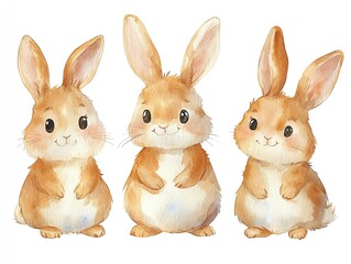 Watercolor Illustration of Three Cute Brown Rabbits Standing Together