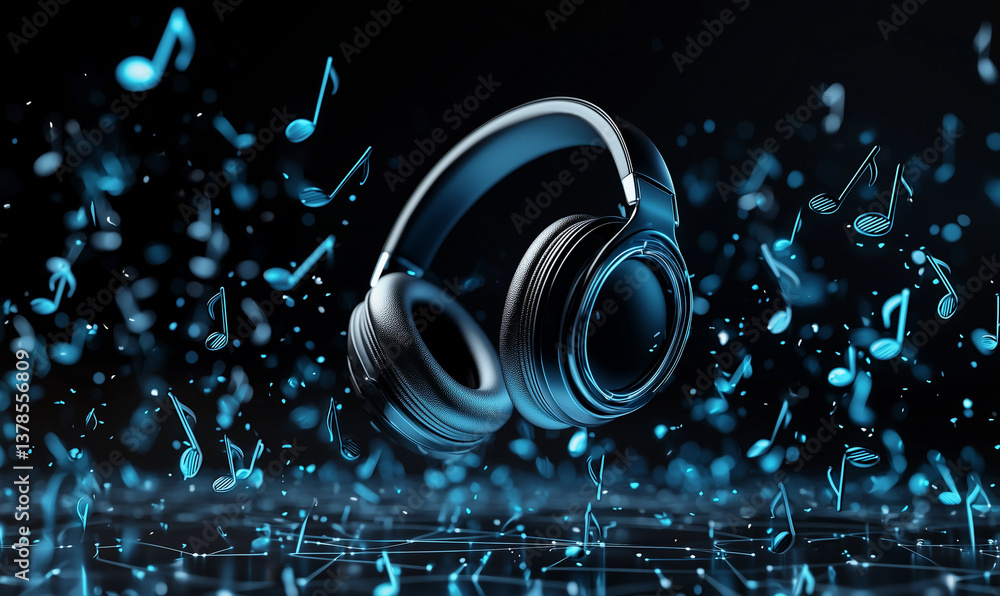 Poster dynamic music visualization with headphones digital space 3d animation tech environment high-contras