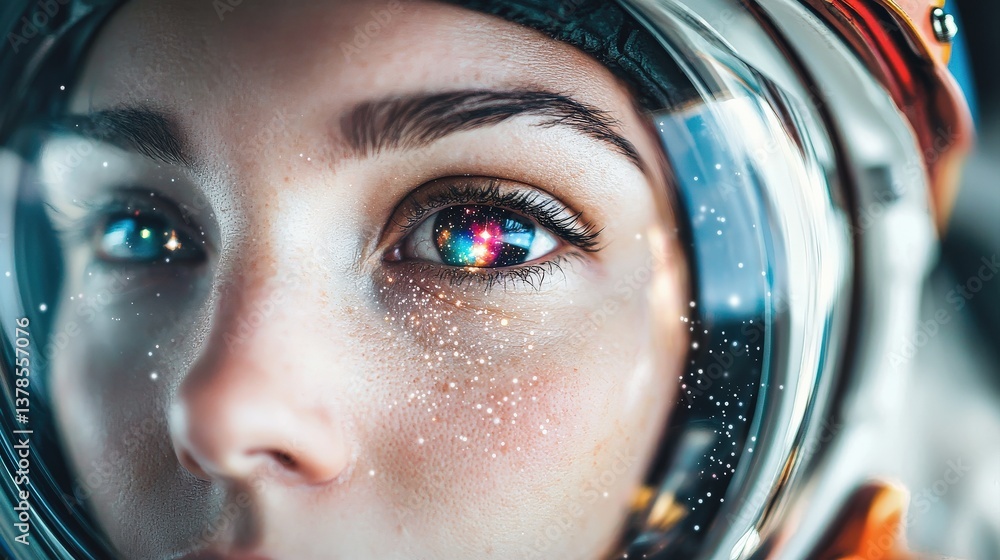 Poster a close-up of an astronaut's face, showcasing a reflective visor and sparkling eyes that hint at the