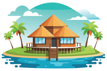Island hut on serene water with sky, lush palm trees under cloudy blue sky view