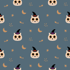Fototapeta premium Face cat and hat cartoon so cute. On fishbone star moon background. Pattern seamless vector illustration. 
