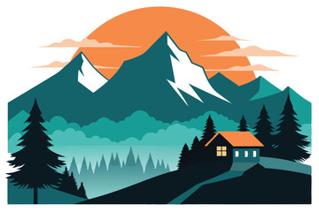 Serene Mountain Landscape with Cabin Silhouette, Evergreen Trees, and Sunset Art