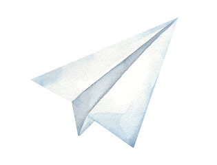 Watercolor illustration of paper airplane isolated on white background. Symbol of travel and flights
