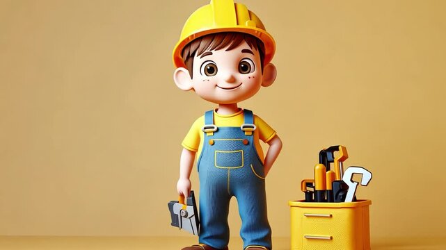 Cheerful cartoon boy in yellow hard hat and blue overalls standing with toolbox and tools against bright yellow background, perfect for children&rsquo;s construction themes