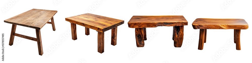 Poster a collection of different rustic wooden tables with natural textures and unique craftsmanship showca